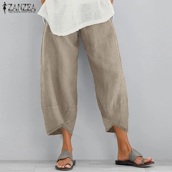 Ir 2021. ZANZEA Vintage Veļa Bikses Sieviešu Rudens Tousers Gadījuma Elastīgs Viduklis Asimetrisks Pantalon Sieviešu Apgriezts Bikses Lielgabarīta