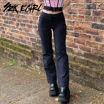 Y2K EGIRL Harajuku Svītrainām Slim Melnas Bikses Vintage 90s Streetwear Augsta Vidukļa Biksēm Indie Rudens Modes Gadījuma Garās Bikses