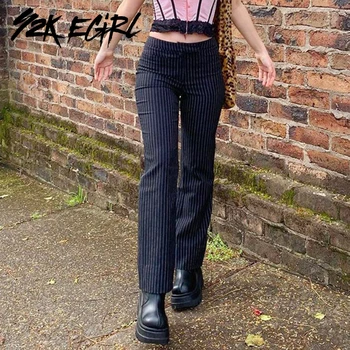 Y2K EGIRL Harajuku Svītrainām Slim Melnas Bikses Vintage 90s Streetwear Augsta Vidukļa Biksēm Indie Rudens Modes Gadījuma Garās Bikses