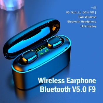 Bezvadu Austiņas Bluetooth V5.0 F9 TWS Bezvadu Bluetooth Austiņu LED Displejs Ar 2000mAh Enerģijas Austiņas Ar Mikrofonu