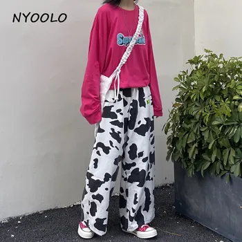 NYOOLO Harajuku streetwear govs modelis, augsts viduklis plaša kāju bikses sieviešu Ikdienas zaudēt elastīgs viduklis, potītes garums hip hop bikses