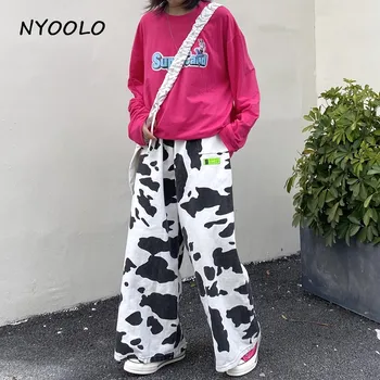 NYOOLO Harajuku streetwear govs modelis, augsts viduklis plaša kāju bikses sieviešu Ikdienas zaudēt elastīgs viduklis, potītes garums hip hop bikses