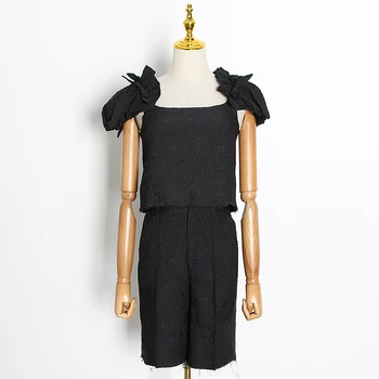 TWOTWINSTYL Vintage Divas Gabals, kas Sievietēm Laukumā Apkakli, Īsām Piedurknēm Mežģīnes Up T Krekls Plaša Kāju Bikses Gadījuma Komplekti Sieviešu Modes