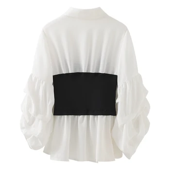 Laternu Piedurknēm, Elegants Krekls Sievietēm Pogu Gadījuma Vintage Blūze Savukārt Apkakle Biroja Dāmas Raibs Krekls Trikotāžas Sieviešu