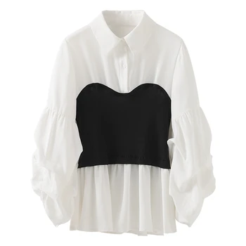 Laternu Piedurknēm, Elegants Krekls Sievietēm Pogu Gadījuma Vintage Blūze Savukārt Apkakle Biroja Dāmas Raibs Krekls Trikotāžas Sieviešu