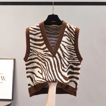 Vestes, vestes rudens jaka adīta sieviešu džemperis ziemas zebra modelis ārējā valkāt vaļēju korejiešu stilā