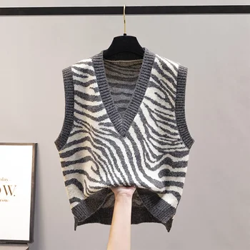 Vestes, vestes rudens jaka adīta sieviešu džemperis ziemas zebra modelis ārējā valkāt vaļēju korejiešu stilā