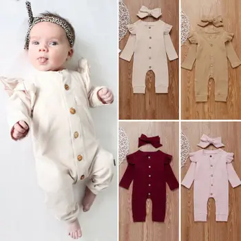 Jaundzimušais Meitene Zēnu Kokvilnas Apģērbu Komplekts Savirmot Lidot Piedurknēm Adīts Romper Jumpsuit Rudens Apģērbs Loku Matu 2gab Bērnu Apģērbs no 0-24M