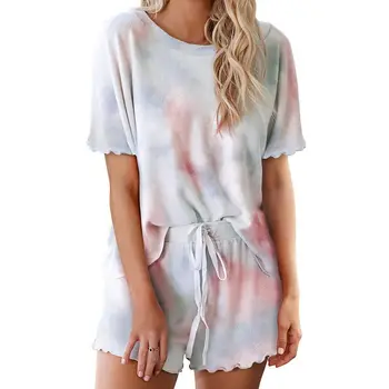 2020. gada Vasaras Sieviešu 2gab Pidžamas Komplekts kaklasaišu krāsošanas Īsām Piedurknēm Sleepwear Sexy Drukāšanas Bikses, Uzvalks Pyjama Femme Homewear