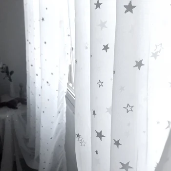 Mūsdienu Pelēkās Drukāt Spīdīgu Zvaigznes ar Skaida Puse Ēnā Aizkaru Audums Bērnu Guļamistaba White Star Tilla Logu Aizkaru WP123-5