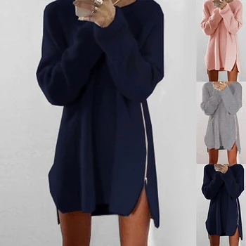 Gadījuma Rudens Ziemas Modes Zaudēt Rāvējslēdzēju Džemperis Kleita Sievietēm ar garām Piedurknēm vienkrāsainu Džemperi, Kleitas Femme 3XL Lielā Izmēra