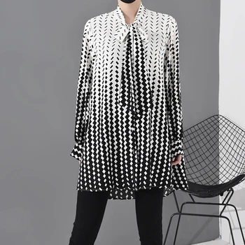 [EAM] Sieviešu Modelis Drukā Šifona Liela Izmēra Blūze Jaunu Priekšgala Apkakli, garām Piedurknēm Loose Fit Krekls Modes Pavasara Rudens ir 2021. 1R2030