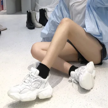 Balts Īstas Ādas Modes Sieviešu Chunky Sneaker 2019 Platforma Sievietēm, Tētis Čības Biezu Zoli Kurpes, Mežģīnes-up ikdienas Dzīvokļi