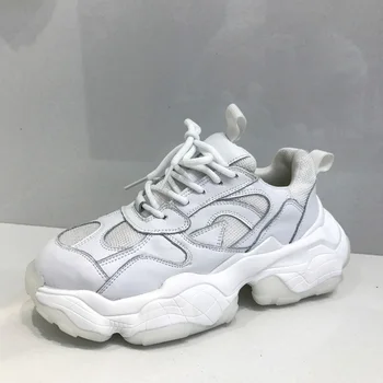 Balts Īstas Ādas Modes Sieviešu Chunky Sneaker 2019 Platforma Sievietēm, Tētis Čības Biezu Zoli Kurpes, Mežģīnes-up ikdienas Dzīvokļi
