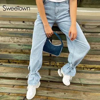 Sweetown Korejas Fahion Gadījuma Augsta Vidukļa Džinsa Bikses Sievietēm Vintage Pārsējs Džinsa Bikses Vaļīgas Bikses Sieviešu Streetwear
