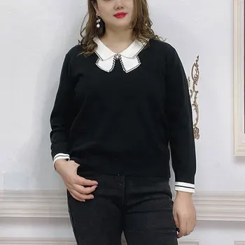 Rudenī Sieviešu Džemperi Lielajam Džemperis Kontrasta Krāsu Loku Apkakles Pilnu Piedurknēm Apkakli Adīšanas Topi Modes 2020