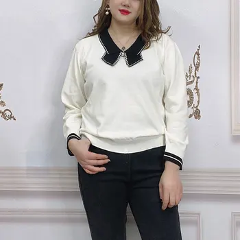 Rudenī Sieviešu Džemperi Lielajam Džemperis Kontrasta Krāsu Loku Apkakles Pilnu Piedurknēm Apkakli Adīšanas Topi Modes 2020