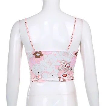 ALLNeon Vintage Raibs Ziedu Pārsējs Rozā Camis E-meitene Salds Dziļu V Backless Modelis Spageti Siksnas Y2K Top Tērpiem Modes