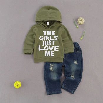 Rudens Puiku Drēbes Kapuces Džemperis + Džinsi Vēstuli Izdrukāt, Elastīga Vidukļa Caurumu Dizaina Pavasara Apģērbu