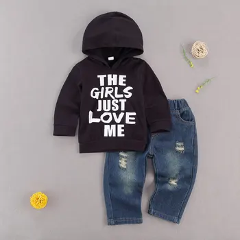 Rudens Puiku Drēbes Kapuces Džemperis + Džinsi Vēstuli Izdrukāt, Elastīga Vidukļa Caurumu Dizaina Pavasara Apģērbu
