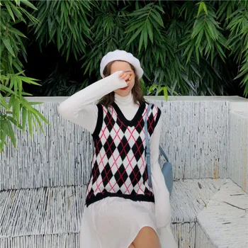Sieviešu Džemperis Bez Piedurknēm 2020. Gadam Anglijas Stila Vintage Ģeometriskā Rhombic V Kakla Adīti Džemperi, Vestes Trikotāža Veste Zila T441
