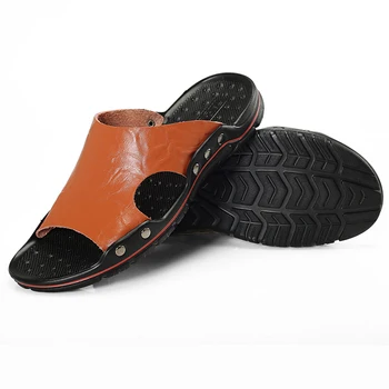 POLALI Vīriešu Čības 2019 gadījuma vienotas pludmales čības vīriešu vasaras kurpes Īstas Ādas sandales liela izmēra 38-48