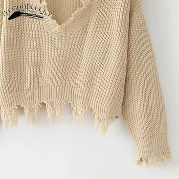 Jauno Modes 2019 Pulovers Ripped Caurumu Džemperi Brīvs Džemperis Gadījuma Balts Džemperis Sievietēm Adīšanas Džemperi Vilkt Ilgi Sleev