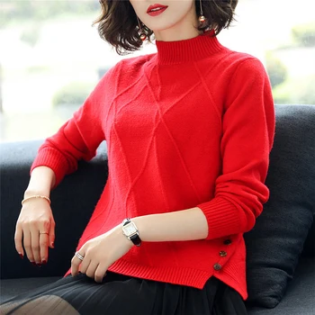 Surmiitro Trikotāžas Puse Augstu Uzrullētu Apkakli Sieviešu Džemperis 2020 Rudens Ziemas Korejas Dāmas Ar Garām Piedurknēm Džemperis Un Džemperi Sieviešu Trikotāža