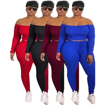 Rudens Apģērbu Vairumtirdzniecība Divas Gabals, kas Sievietēm Pie Pleca ar garām Piedurknēm Kultūraugu Top un Skinny Bikses Kopa Stulpiņi Komplekti Dropshipping