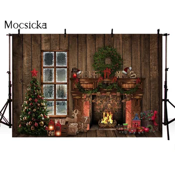 Priecīgus Ziemassvētkus Māja Fotogrāfijas Fons Zemniecisks Koka Kamīnu Windows Fotoattēlu Fona Studija X-mas Apdare, Photocall