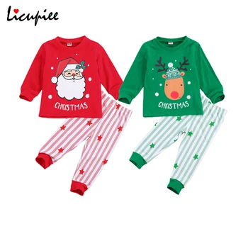 2 Gabals, kas Bērniem Bērnu Kokvilnas Ziemassvētku Pidžamu Komplekts Santa Claus Elk Drukāt o Apkakli, garām Piedurknēm t Krekls Svītru Tērpiem 1-6 Gadiem