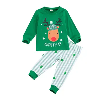 2 Gabals, kas Bērniem Bērnu Kokvilnas Ziemassvētku Pidžamu Komplekts Santa Claus Elk Drukāt o Apkakli, garām Piedurknēm t Krekls Svītru Tērpiem 1-6 Gadiem