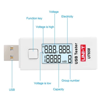 VIENĪBAS UT658B mobilo telefonu grāmatiņa U diska mobilo pilnvaras uzraudzīt uzlādes MAIŅSTRĀVAS/LĪDZSTRĀVAS uztveršanas spēja USB testeri UT658