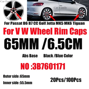 Bezmaksas Piegāde 20PCS 100GAB Black/Blue 65MM 6.5 CM Automašīnas Emblēmu Riteņa Centrs Klp 3B7601171 Plastmasas Passat B6 B7 CC Golf MK5 MK6