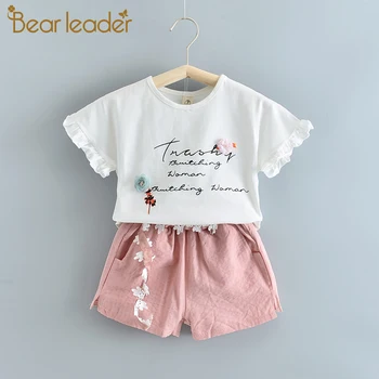 Lācis Līderis Meiteņu Apģērbu Komplekti Ir 2021. Jauno Vasaras Bērni Priekšgala mezgls T-krekls un Bikses 2gab Tērpiem Meitene Cute Apģērbs, Bērnu Kostīmi