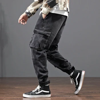 Modes Streetwear Vīriešu Džinsi Loose Fit Melna Pelēka Multi Kabatas Kravas Bikses Japāņu Dizaineru, Vintage Hip Hop Džinsi Vīriešu Joggers