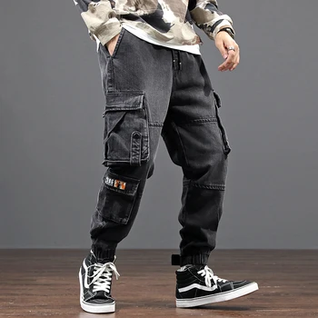 Modes Streetwear Vīriešu Džinsi Loose Fit Melna Pelēka Multi Kabatas Kravas Bikses Japāņu Dizaineru, Vintage Hip Hop Džinsi Vīriešu Joggers