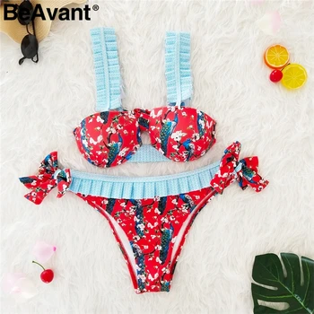 BeAvant Ziedu drukāt vasaras beachwear 2 gabals, kas Sievietēm savirmot siksna seksīgu peldkostīmu, Peldbikses holiday beach peldkostīms peldkostīmi