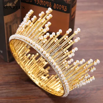 Galvas Apaļas Karaliene Tiaras Vainagu Pērles, Kristāla Kāzu Tiara Sudraba/ Zelta Cepures mariage SQ0213