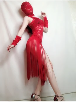 Seksīga Sarkana Mežģīņu Ilgi Pušķi Kleita Skatīt caur Apģērbu Perspektīvu Sniegumu Deju apģērbi Valentīna Dienā Kluba Bāra DJ Kostīms