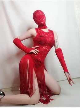Seksīga Sarkana Mežģīņu Ilgi Pušķi Kleita Skatīt caur Apģērbu Perspektīvu Sniegumu Deju apģērbi Valentīna Dienā Kluba Bāra DJ Kostīms