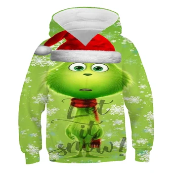 3D Green Print Grinch Hoodies Bērniem Drēbes, Rudens, Ziemassvētku, Ziemas Bērnu sporta Krekls Plus Samta garām Piedurknēm Džemperis Topi
