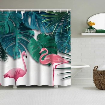 Ziemeļvalstu Bildes Dzīvniekiem Flamingo Dušas Aizkars Zaļie Augi Vannas Istabā, Augstas Kvalitātes Poliesters Ūdensnecaurlaidīga Dušas Aizkari