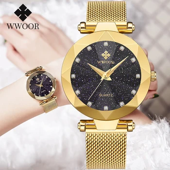 WWOOR Dāmas Skatīties 2020. Gadam Luksusa Dimanta Zvaigžņotām Debesīm Sieviešu rokas Pulkstenis Zelta Kvarca Kleita Aproce Skatīties Dāvanas Sievietēm Reloj Mujer