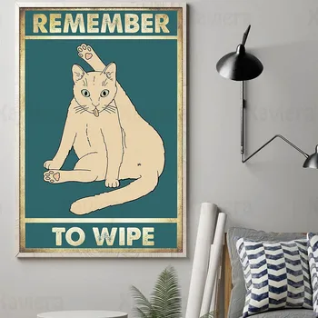 Cute Karikatūra Melnais Kaķis, Vintage Mākslas Plakātu Estētisko Ziemeļvalstu Retro Kanvas Glezna Uz Sienas Mūsdienu Mājas Dekoru, Tualete Vannas Istaba