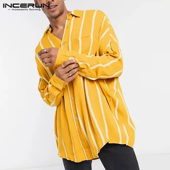 INCERUN Modes Vīrieši Svītrainām Krekls Savukārt Apkakle ar garām Piedurknēm Blūze Streetwear Kabatas Ir 2021. Zaudēt Ikdienas Krekli Camisas S-5XL