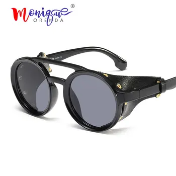 2019 Vintage punk saulesbrilles vīriešiem zīmola dizaina melns brūns kārta pusē, ādas, saules brilles sievietēm luksusa unikālo brilles UV400