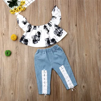 Bērniem Baby Girl Vasaras Apģērbs Izslēgts Plecu Drukāt Ruffles Top Mežģīnes Up Denim Džinsu Bikses Bērniem, Drēbes 3-8Y