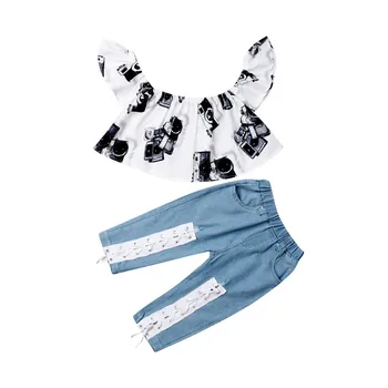 Bērniem Baby Girl Vasaras Apģērbs Izslēgts Plecu Drukāt Ruffles Top Mežģīnes Up Denim Džinsu Bikses Bērniem, Drēbes 3-8Y