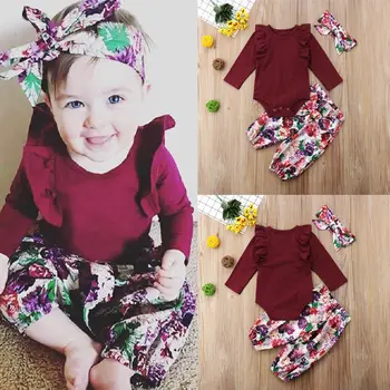 0-18M Baby Toddler Meitene Pavasara Set 3Pcs Uzliesmoja Sarkanā krāsā ar garām Piedurknēm Bodysuit+Ziedu Loku Bikses+Galvas Zīdaiņu Apģērbs Rudens